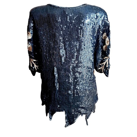 Large Vintage Sequin Floral Embellished Top Silk Sequined Black & Gold 90s - Picture 6 of 8